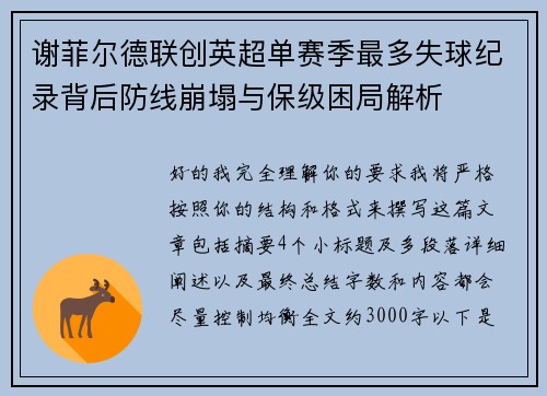 谢菲尔德联创英超单赛季最多失球纪录背后防线崩塌与保级困局解析