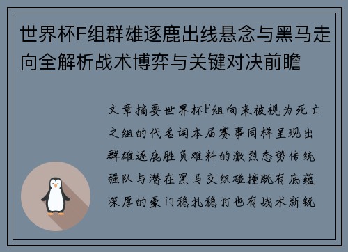 世界杯F组群雄逐鹿出线悬念与黑马走向全解析战术博弈与关键对决前瞻