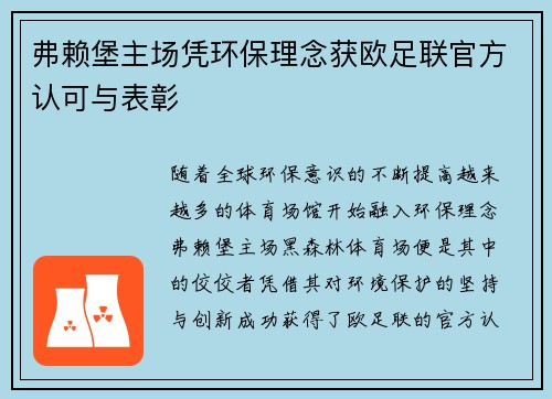弗赖堡主场凭环保理念获欧足联官方认可与表彰 弗赖堡主场凭环保理念获欧足联官方认可与表彰